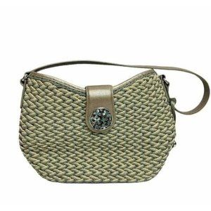 Brighton Handbag Straw Tote Blue Beige Floral Snap Closure Shoulder Bag Tote